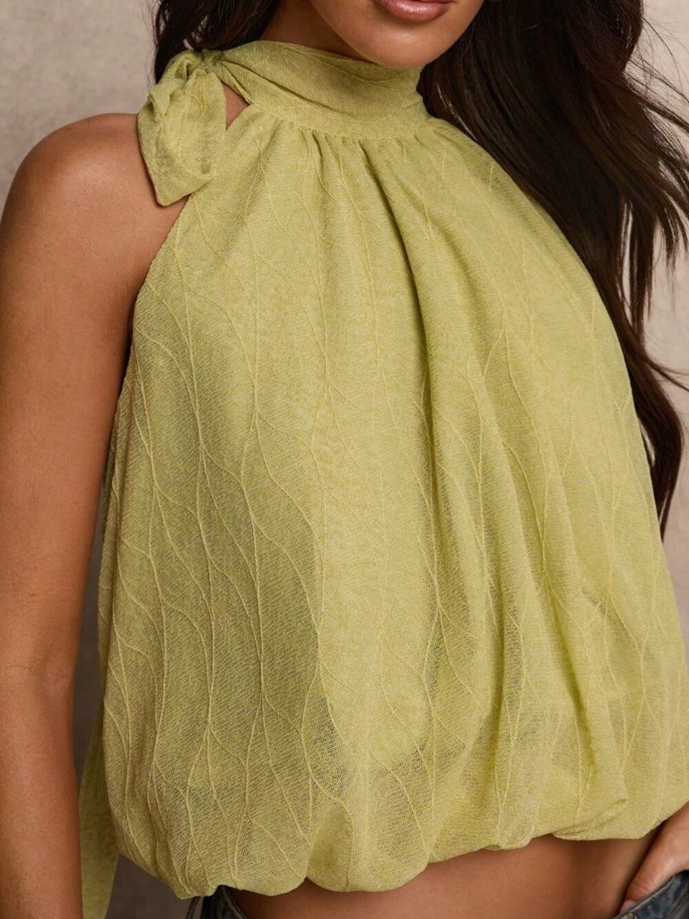 Green Casual Women's Halter Neck Side Tie Knot Loose Cropped Cami Top - Picture 4 of 8